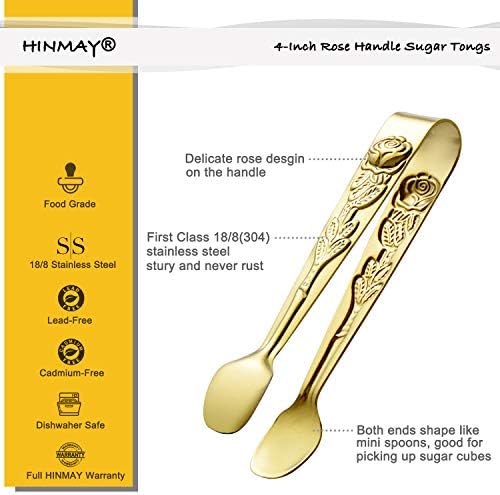 HINMAY 6PCS Mini Serving Tongs 4 Inches Small Rose Sugar Cube Tongs (Gold)