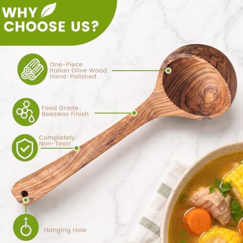 Italian Olive Wood Ladle for Soup, 12’’ Long Handle, 1.7oz Deep Bowl Head