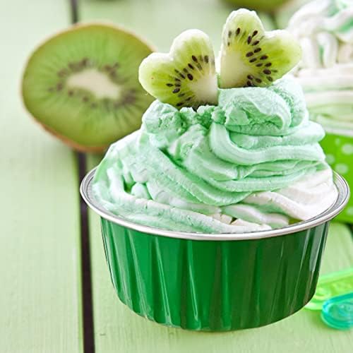 100Pcs Aluminum Cups with Lids,5oz Disposable Ramekin Baking Cups Muffin Liners Mini Pie Pans Foil Cupcake Containers for Christmas Party Wedding Party,Green