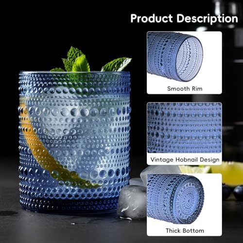 Moretoes 12 Pack Blue Hobnail Drinking Glasses Vintage Water Glass Cups