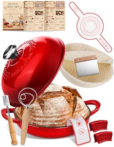 Dutch Oven Bread Baking Pot with Lid 6QT Enameled Cast Iron Oven, Gradient Red Design & Complete Sourdough Kit (Banneton Basket, Dough Tools, Silicone Sling) for Artisan Bread Making