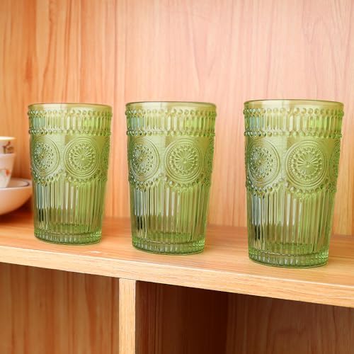 Loivttvv 6pcs Vintage Drinking Glasses Set, 12 oz Green Highball Glasses, Embossed Ribbed Glassware Cups for Cocktail, Water, Juice, Coffee, Whiskey