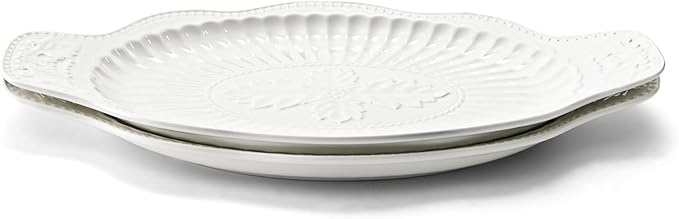 Suwimut 2 Pack Porcelain Oval Serving Platters, 14 Inch Large Embossed White Serving Plates for Entertaining, Oven Safe Stackable Ceramic Dinner Tray for Fish, Meat, Appetizers, Fruits, Dessert