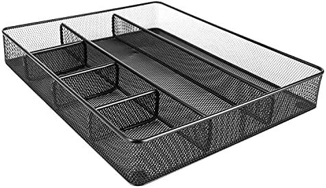 Amazon Basics Mesh Desk Drawer Organizer with 6 Compartments, Non-Slip Office Supplies Storage for Pens and Accessories, Black