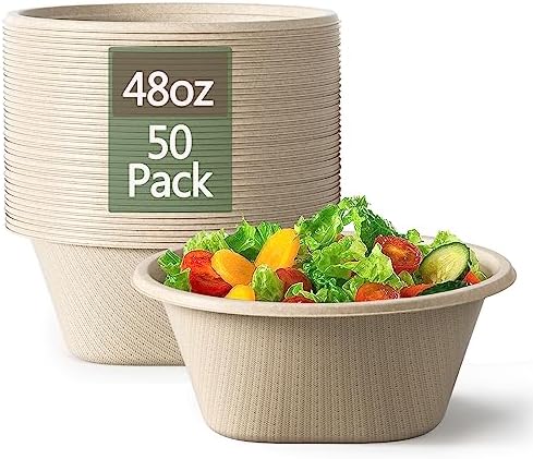 Homestockplus 48 Oz Disposable Bowls - Heavy Duty and Compostable Bowl - Made from Sugarcane and Bamboo Fibers, Microwave Safe - Large Paper Bowl for Soup, Salad, Ramen, Popcorn, etc. [50 Pack]