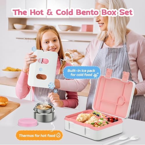 Bento Lunch Box Kids and 9oz Soup Thermo – 5.5-Cup Leakproof Kids Bento Box with Ice Pack & 9oz Insulated Food Jar – Hot & Cold Food Lunch Container for Boy Girl School, Pink Set