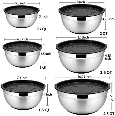P&P CHEF Stainless Steel Mixing Bowls With Lids, Set of 6, Black