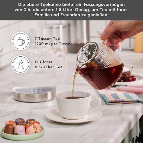Karaca Kelly Midi Glass Teapot - 0.6 Lt, Lid Drinker: 1.5 Lt, Induction Base