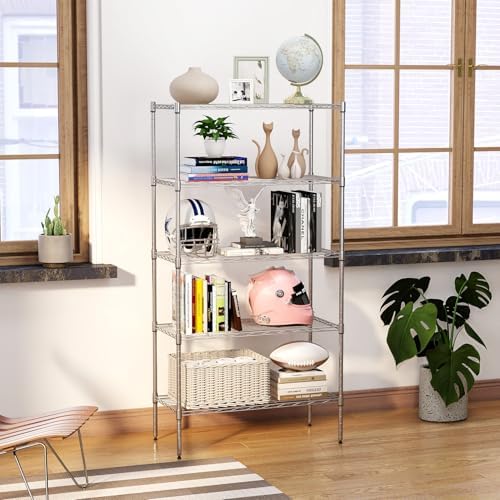 BestOffice | 5-Tier Wire Storage Shelves with Wheels | 14 x 30 x 61 | Chrome | with Adjustable Racks | Heavy-Duty Metal Shelf, Holds Upto 1250 lbs | No-Tool Assembly | Ideal for Home & Garage Shelving