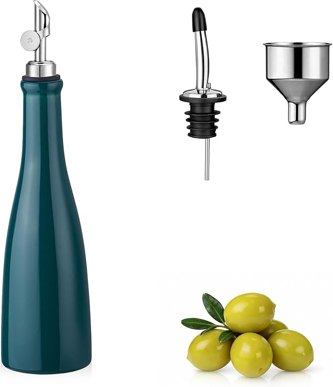 YOLIFE Olive Oil Dispenser Bottle, 16oz Ceramic Oil Dispenser for Kitchen, Oil Bottle with Gravity Spout, Leak Proof EVOO Dispensing Bottle with 2 Spouts and 1 Funnel for Vinegar, Juice(Green)