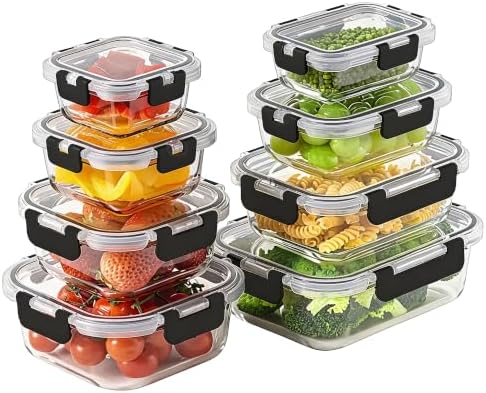 8 Pack Glass Food Storage Containers with Snap Locking Lids for Meal Prep