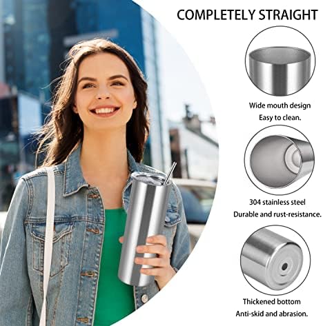 8 Pack 20 Oz Straight Skinny Tumblers, Individually Gift Boxed Stainless Steel Slim Skinny Tumbler Set Bulk, 20 Oz Insulated Slim Thin Travel Tumbler Cup for Diy, Silver