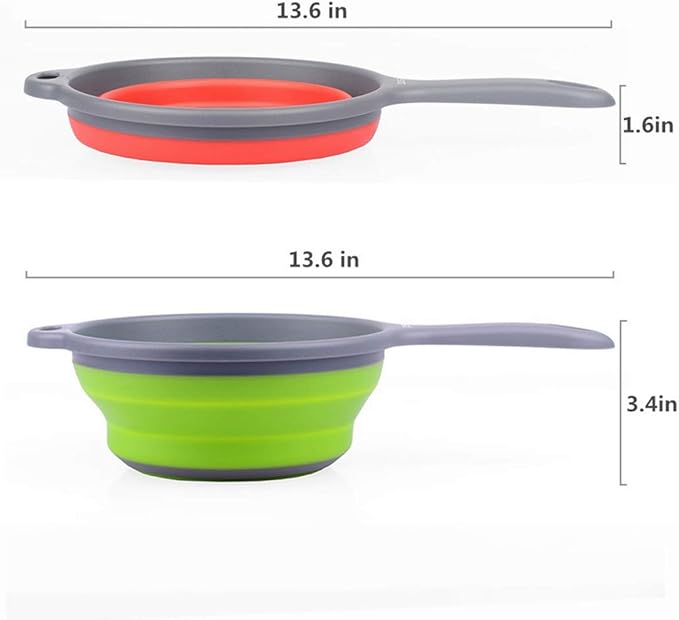 ZOER Kitchen Foldable Pasta Strainers,Collapsible Colanders with Handles,Space-Saver Folding Silicone Strainers Colander,Capacity of 2 quart (Green and Red)