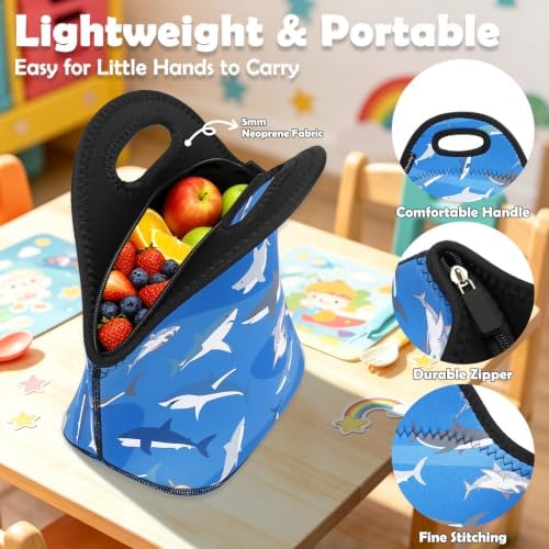 FlowFly Neoprene Kids Lunch box Insulated Soft Bag Mini Cooler Thermal Meal Tote Kit for Boys, Girls,Men,Women,School,Work, Office, Shark