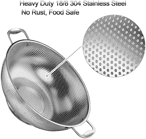 Tiawudi Large 6-Qt Colander, 18/8 Stainless Steel Mesh Strainer for Kitchen, Food Sieve with Riveted Handles and Self-draining Solid Ring Base, Great for Pasta, Rice, Vegetables and Fruits