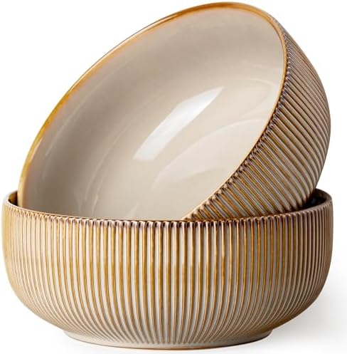 getstar Large Serving Bowls (8 inch & 60 fl oz), Ceramic Salad Bowl Set of 2, Microwave and Dishwasher Safe, Farmhouse Kitchen Decorative Bowls Set (Embossed Stripes, Vintage Yellow)