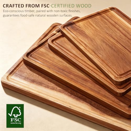 AZRHOM Large Solid Acacia Wooden Chopping Board Set of 4 for Kitchen