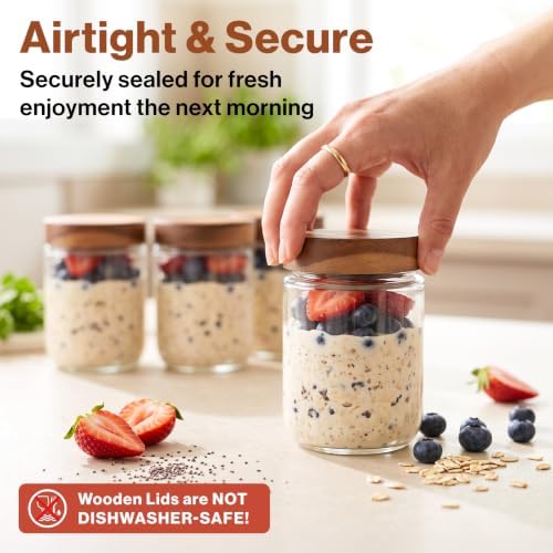 EDELHAUS Overnight Oats Containers with Lids - Glass Mason Jars, Meal Prep