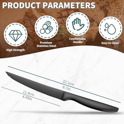Serrated Steak Knives Set of 8, Black Kitchen Steak Knives Dishwasher Safe