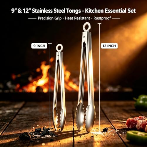 Stainless Steel Cooking Tong Set - 12" & 9" Locking Kitchen Tongs