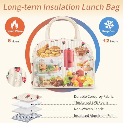 Coobiiya Corduroy Lunch Bag Lunch Box for Women Men, Cute Insulated Lunch Tote Bags Reusable LunchBox Large Capacity Cooler Bag for Work Travel Picnic