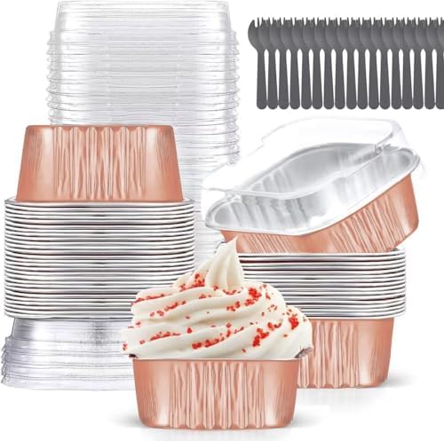 10oz Mini Cake Pans with Lids (40 Pack) Aluminum Foil Square Cupcake Liners Brownie Baking Cups,Disposable 4”x4” Large Cupcake Pan,Jumbo Muffin Tin Ramekins Holders