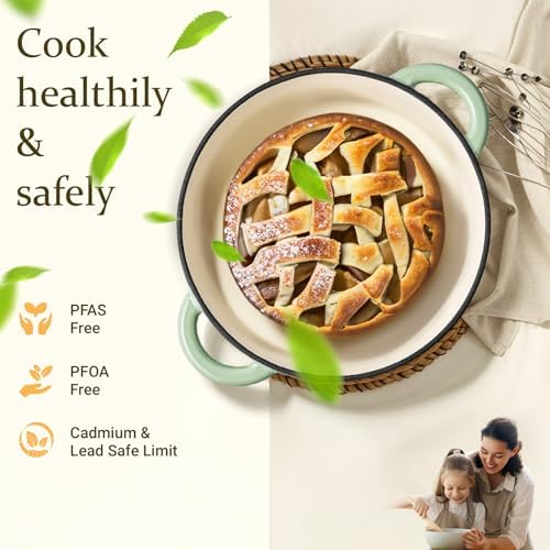 Overmont Enameled Cast Iron Dutch Oven - 5.5QT Pot with Lid Cookbook & Cotton Potholders - Heavy-Duty Cookware for Braising, Stews, Roasting, Sourdough Baking Verdant