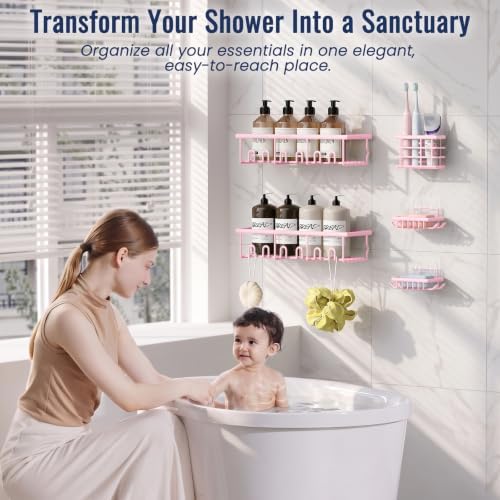 5 Pack Adhesive Bathroom Holders & Dispensers for Kids & Adults, Pink
