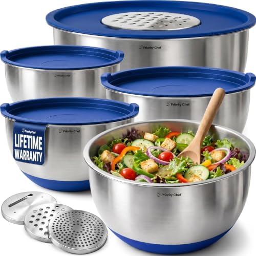 Priority Chef Stainless Steel Mixing Bowls with Lids Set, 3 Grater Attachments, Airtight Lids, Non-Slip Silicone Base Mixing Bowl Set, Large Prep Metal Mixing Bowls for Kitchen, Blue