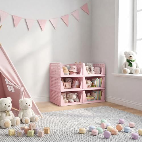 Pink Girl Closet Organizers and Storage Stackable Plastic Drawer Basket for Clothing Stackable Storage Bins Shelf Storage Container for RV Closet Wardrobe Bedroom Bathroom Playroom 6 Pack