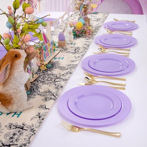 FLOWERCAT 60PCS Purple Plates - Heavy Duty Purple Plastic Plates Disposable for Easter Party/Wedding - Include 30PCS 10.25" Dinner Plates and 30PCS 7.5" Dessert Plates