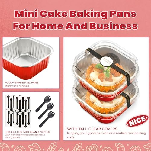 NPLUX Square Cake Pans with Lids, 50 Pack Red 10oz for Seasonal Baking