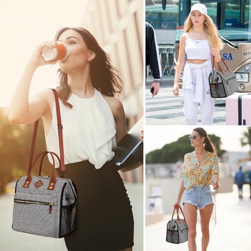LOKASS Lunch Bag Insulated Lunch Box Wide-Open Lunch Tote Bag with Removable Shoulder Strap for Women/Men Adults Work Picnic Beach Travel(Stripes)