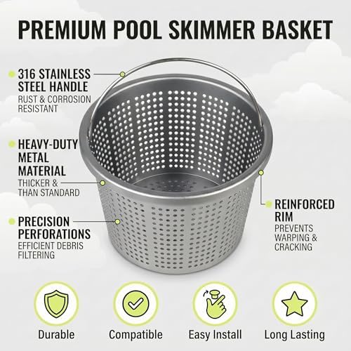 Aluminum Pool Skimmer Basket Replacement for Pentair U-3 & Hayward SP1070/SPX1070E, 8-1/8" Top OD x 6.5" Bottom Dia x 5.5" H, 316 Stainless Steel Handle