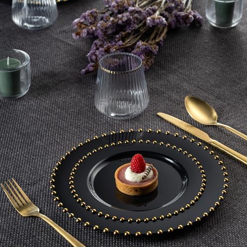 PLASTICPRO 64 Piece Combo Plastic Dinner Plates Disposable Plastic Fancy Heavy Duty Party Dishes 7 inch and 10 inch, Black and Gold Beaded