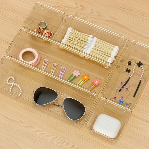 9 Pack Clear Drawer Organizer Set, Drawer Storage Trays, Storage Bins