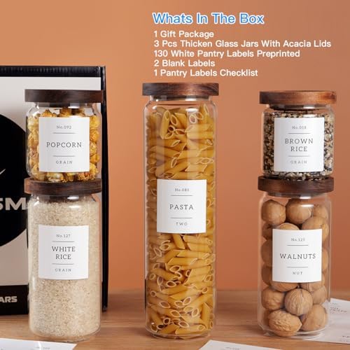 5 Set Glass Pantry Storage Jars with Acacia Airtight Lid - Thicken Glass Kitchen Canisters with 132 Pantry Labels - Clear Glass Food Storage Containers with Wood Lid for Tea,Sugar,Candy,Cookie,Pasta