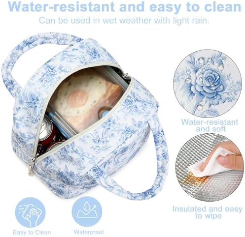 Bluboon Lunch Box for Women Cute Lunch Bag Reusable Insulated Lunch Bags Large Capacity Lunchbox Cooler for Work Picnic or Travel Gifts (Blue Roses Floral, 10 x 7.5 x 8 inches)
