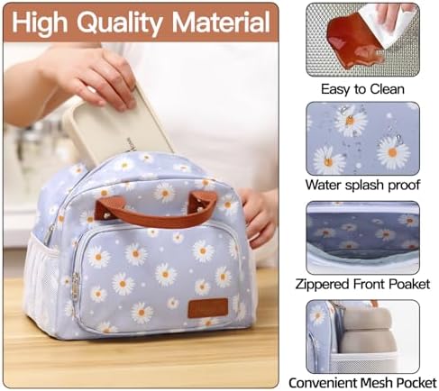 Lunch Bag for Women, Insulated Lunch Box for Women Men Work Adult, Cute Lunch Tote Large Capacity Reusable Cooler Containers for Picnic Travel Office or Beach (Blue Daisy)