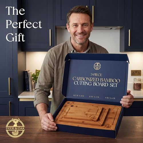 Pre-Oiled, Non Toxic 3-Piece Carbonized Bamboo Cutting Board Set