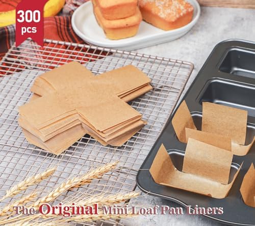 Webake 300pcs Unbleached Parchment Paper Mini Loaf Pan Liners Compatible with Wilton Mini Loaf Pan, Original Precut, Non Toxic Baking Paper for Banana Bread