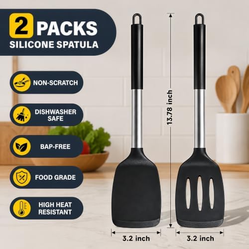 2-Piece Silicone Utensil Set:Heat-Resistant & BPA Free（Black）