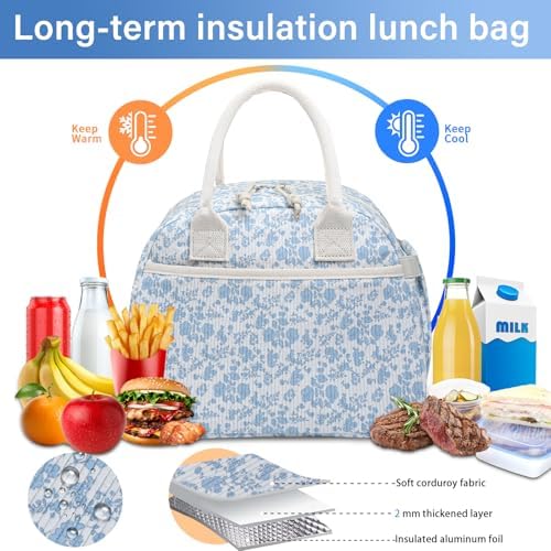 Carry bloom Lunch Box for Women, Insulated Lunch Bag Cute Corduroy Lunchbag