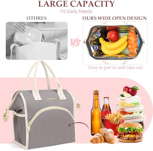LOKASS Lunch Bag Women Insulated Lunch Box Wide-Open Lunch Tote Bag Large Cooler Bag for Work Picnic Hiking Beach（Dark Gray）