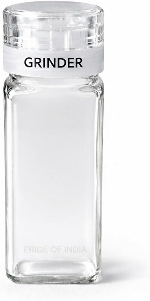 Small Clear Square Glass Spice Jar & Adjustable Grinder Cap | Store & Grind Pepper Salt Spice Herbs Sugar| Foodgrade BPA Free Dishwasher Safe Refillable | 4 Fl. Oz. Capacity | Hand packed in USA