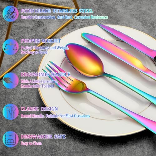 24 Pcs Rainbow Silverware Set with Steak Knives, Stainless Steel Flatware Cutlery Set for 4, Kitchen Tableware Sets, Utensil Sets for Home and Restaurant, Dishwasher Safe
