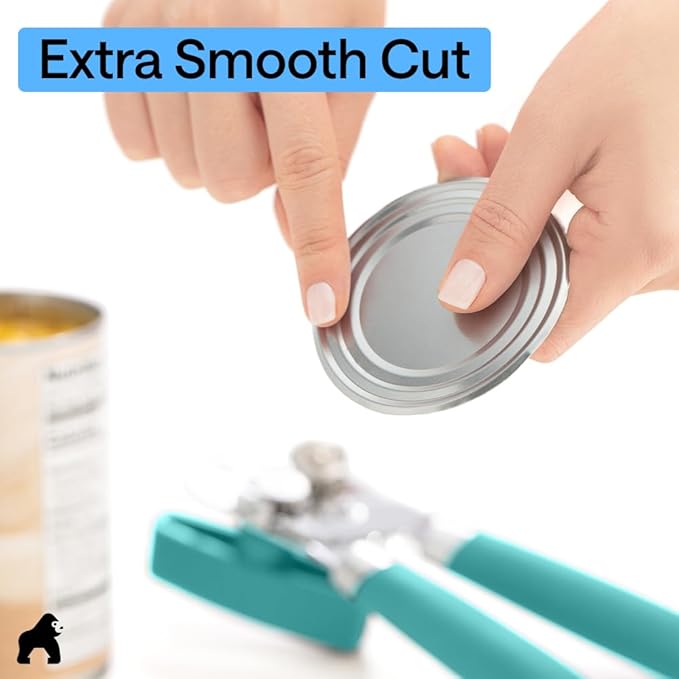 GORILLA GRIP Heavy Duty Stainless Steel Smooth Edge Manual Can Opener and Bottle Openers, Soft Comfortable Handle, Oversized Handheld Turn Knob, US Designed Multifunctional Kitchen Tool, Turquoise