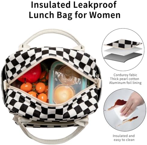 Lunch Bag Women Lunch Box for Women Adult Cute Insulated Lunch Bag Lager Cooler Lunch Tote Bags for Work Picnic (Black-White Plaid)