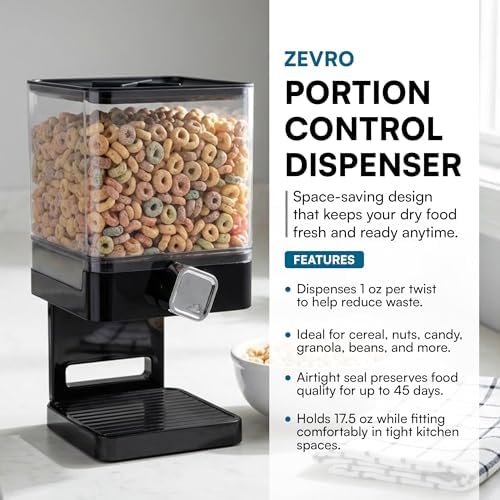 ZevrO Dry Food & Cereal Dispenser, 2.2 Cups, Black, Compact