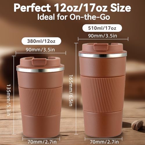12OZ Travel Coffee Mug Insulated Coffee Cup with Spill Leak Proof Lid, Portable Stainless Steel Tumbler Reusable Hot and Cold Water Mug for Car, Daily, Camping- Coffee